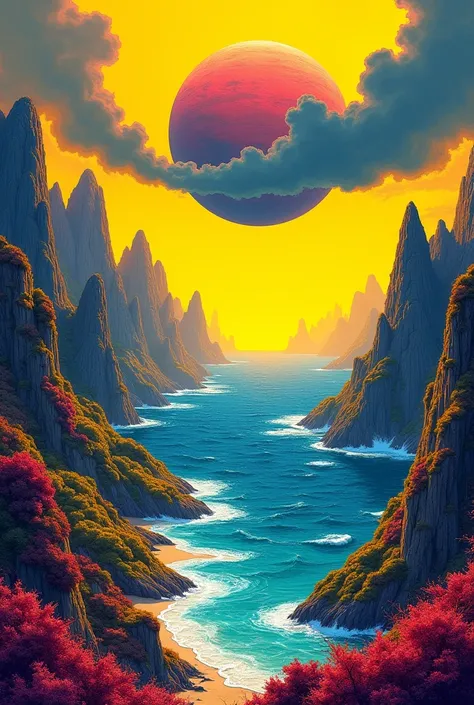 (colored sketch),  landscape mountains with colorful vegetation, ocean view with big waves ,  yellow sky with big black clouds ,  half of a planet exposed in the sky ,  depth of field,  cast shadow ,  image fill , 