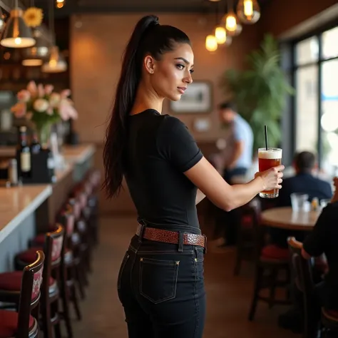 sakina karchaoui, she is working in a restaurant, she wears black bodysuit with tight black denim pants, brown crocodile belt, her shoes are white sneakers, she is serving customers and giving a drink to 2 men, she is looking behind her, From Behind, Ponyt...