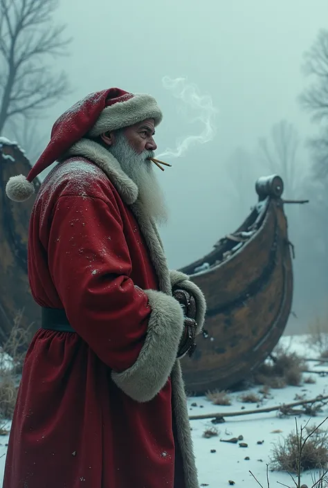  A Santa Claus crashed with his sleigh, The sleigh is broken  , Santa Claus observes smoking a cigarette 