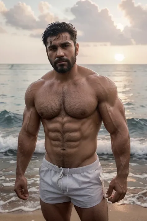 1 man,    Super handsome  ，Rough，  bearded mans full body      ,  short Pakistani hair   :1.1), (  1  .1), (    then holding hands in the pocket     :1.1), (  ,  Strong  、  Strong Biceps 30 Year Old Man  ）   tight white swimming trunks wet and furry chest ...