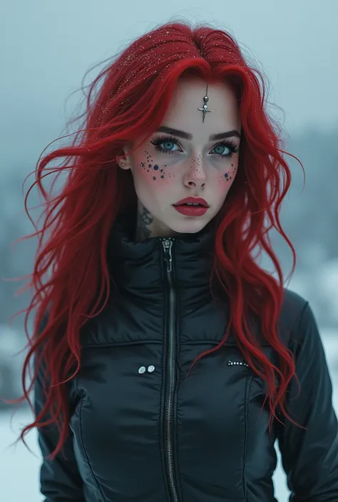 background:in the North Pole,saving a  stuck in the ocean,while k!lling k!ller whales is a: a gorgeous American women (white women) with red hair and black streaks, has baddie makeup, freckles, tattoos, piercings, ombré lips,long lashes,black long nails,