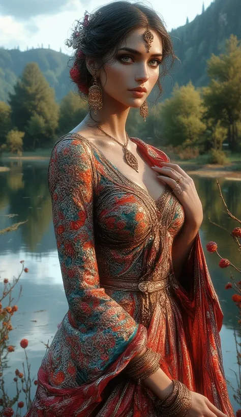 A beautiful woman dressed in traditional Indian attire, adorned with intricate jewelry, standing by a serene body of water, exuding grace and elegance."High Resolution, 