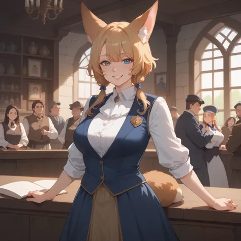 score_9, score_8_up, score_7_up, score_6_up, score_5_up, score_4_up, hires, masterpiece, Medieval, Adventurers Guild reception, 1girl, kemono, guild_receptionist, looking_at_viewer, animal_ears, animal_tail, furry_female, professional_attire, business_smil...