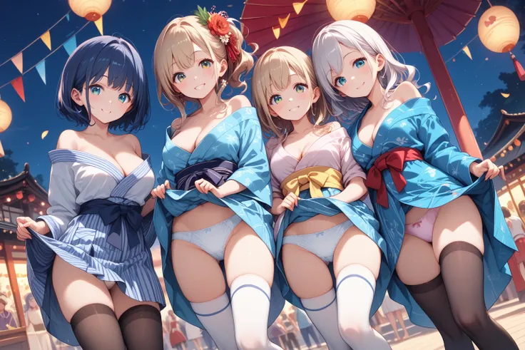 score_9, score_8_up, score_7_up, score_6_up, BRAKE best quality, masterpiece, cleavage,(dutch angle), 3girls:1.2, cheerful, tareme, , cleavage, off-shoulder, zettai ryouiki, short cloth, black_over_thighhighs, absurd-resolution, ultra-detailed, best qualit...