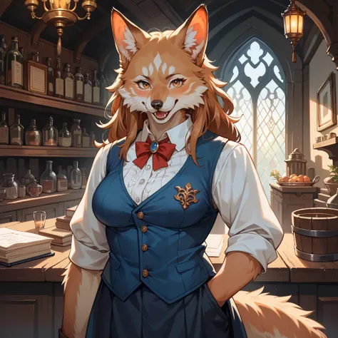 score_9, score_8_up, score_7_up, score_6_up, score_5_up, score_4_up, hires, masterpiece, Medieval, Adventurers Guild reception, 1girl, kemono, guild_receptionist, looking_at_viewer, animal_ears, animal_tail, furry_female, professional_attire, business_smil...