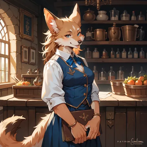 score_9, score_8_up, score_7_up, score_6_up, score_5_up, score_4_up, hires, masterpiece, Medieval, Adventurers Guild reception, 1girl, kemono, guild_receptionist, looking_at_viewer, animal_ears, animal_tail, furry_female, professional_attire, business_smil...