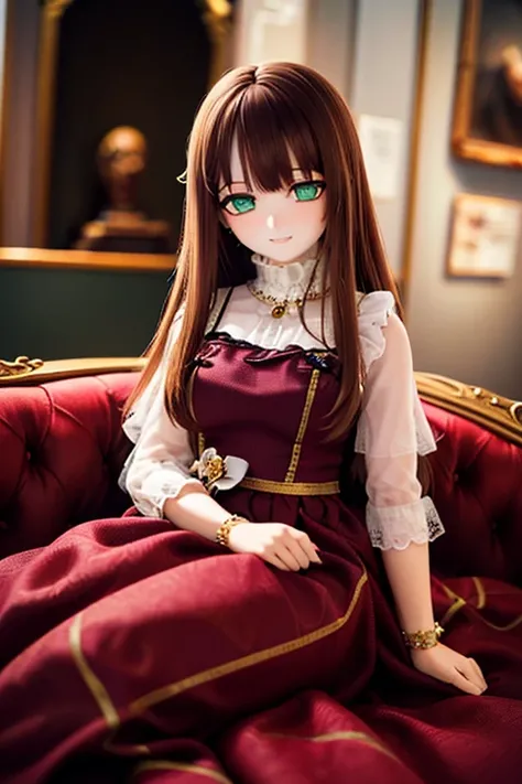 (SFW:2), photorealistic, realistic photo, 8k, Canon EOS, ((highest quality)), ((masterpiece)), (extremely detailed), dd, doll, idol dress, (mature woman, 23yo, 23_years_old, solo, museum:1.6), (reclining on sofa, brown hair, long hair, idol dress, light sm...