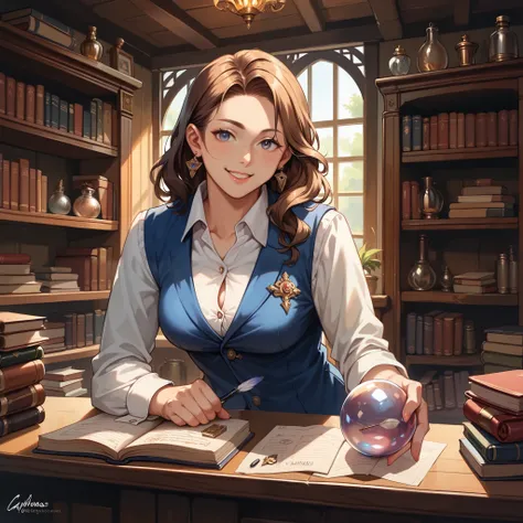 score_9, score_8_up, score_7_up, score_6_up, score_5_up, score_4_up, hires, masterpiece, 1girl, kemono, guild_receptionist, looking at viewer, wooden counter, quill pen, documents on counter, professional attire, business smile, fantasy interior, wooden sh...