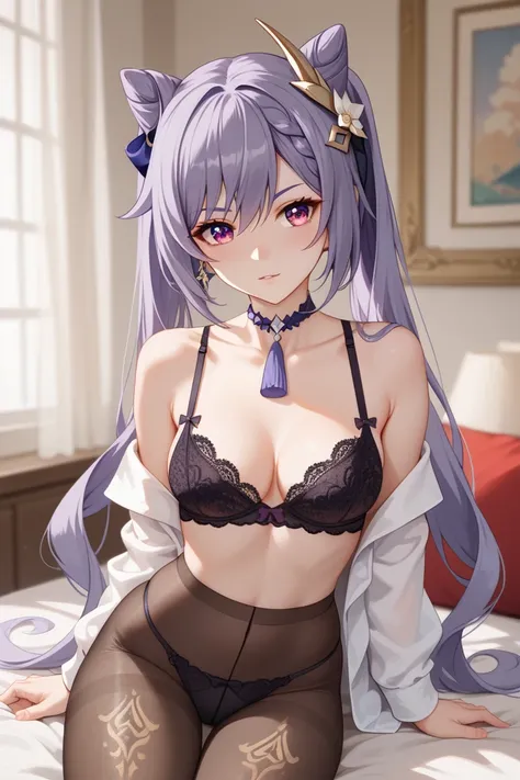 Nsfw,masterpiece,best quality,ultra detailed,high resolution,super fine illustration,Keqing(genshin impact),1girl,solo,purple eyes,purple hair,cone hair bun,double bun,long hair, medium breasts,lace bra and panties,pantyhose,panties under pantyhose,sexy po...