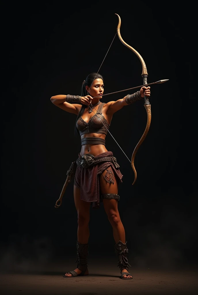 Amazonian India holding a bow , show the whole body.  She is standing in attack position.  black background.