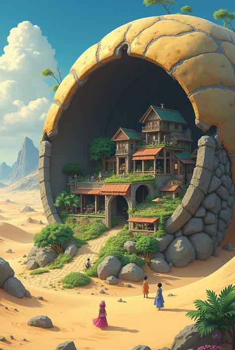 Anime style, create a village with plants and farming areas inside the remains of an ancient giant insect shell located in the middle of the desert dunes.