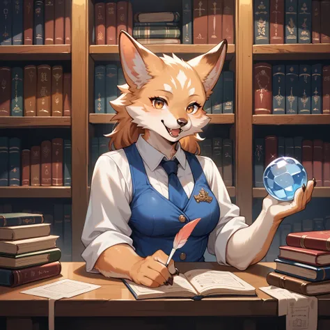 score_9, score_8_up, score_7_up, score_6_up, score_5_up, score_4_up, source_furry, hires, masterpiece(1girl, kemono, furry, anthro)guild receptionist, looking at viewer, wooden counter, quill pen, documents on counter, professional attire, business smile, ...