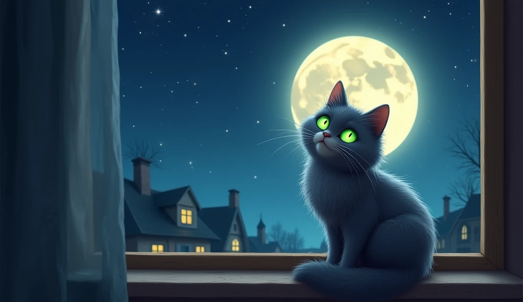 Foreground: Whiskers, a fluffy gray cat with bright green eyes, sits gracefully on a cozy windowsill, her fur softly glowing in the moonlight. She tilts her head in wonder as a silvery light begins to drift down toward her.

Background: A starry night sky—...