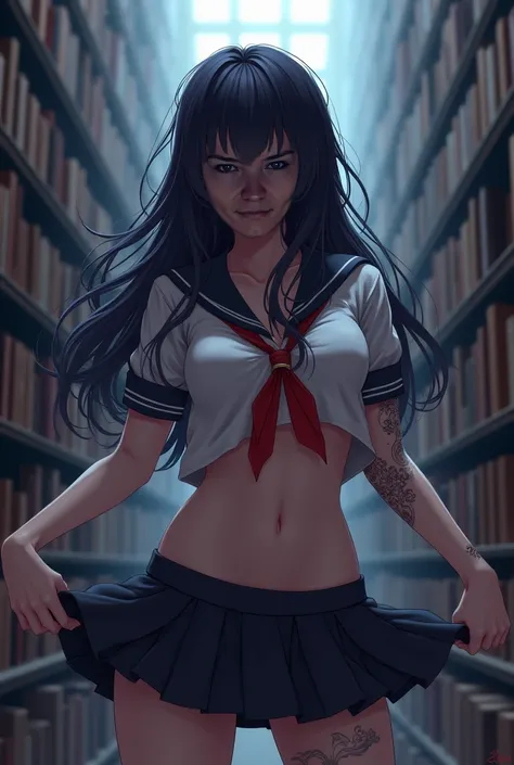 bottomless, fapello, library, Octokuro, pierced nipples, raven haired, schoolgirl, solo, tattoo, tits out, upskirt