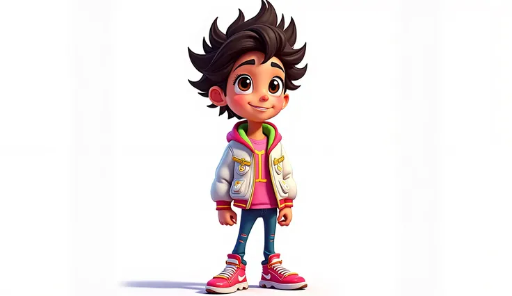 chico, adolescent, king,  curly hair, White jacket with neon details.,  cartoon , animated , white background, character sheet, full body