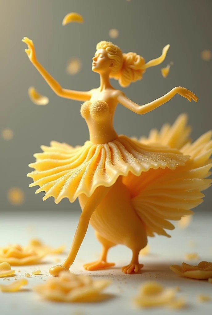 Create a ballerina pasta dancing on the back of a pigeon 