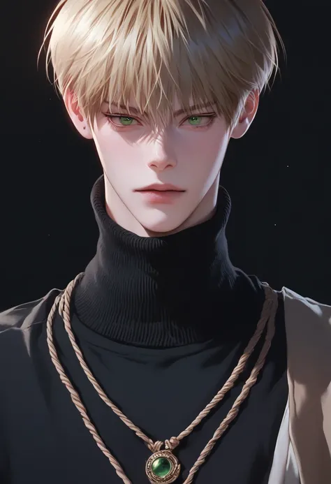  best quality , detailed, 1 boy, blonde, short hair,   green eyes, black turtleneck shirt, Only , cord with amulet, close-up,  black background