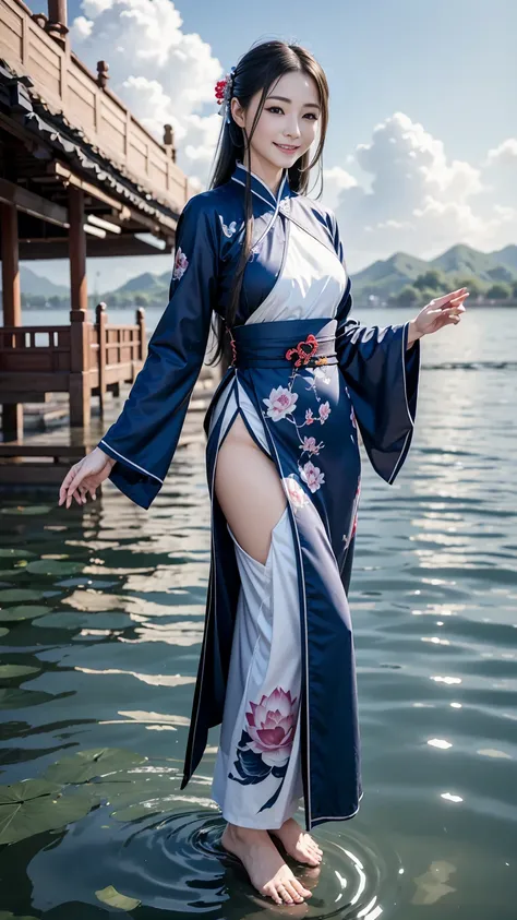 ((4k,masterpiece,best quality)), shuimobysim, traditional chinese ink painting, lotus,  hanfu, maxiskit, dress conservatively
1girl, solo, long blue hair, smile, standing, feet in the water, barefoot,
 、Dragon flying in the sky