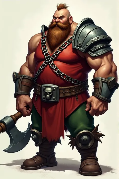 Strong dwarf man  /  helmet attached with the shoulder straps to the chest up to the all-iron chest /  with chains running from the shoulder going up to the chest /  sleeveless red bass suit /  strong arms with round iron bracelets /  belt with a square bu...