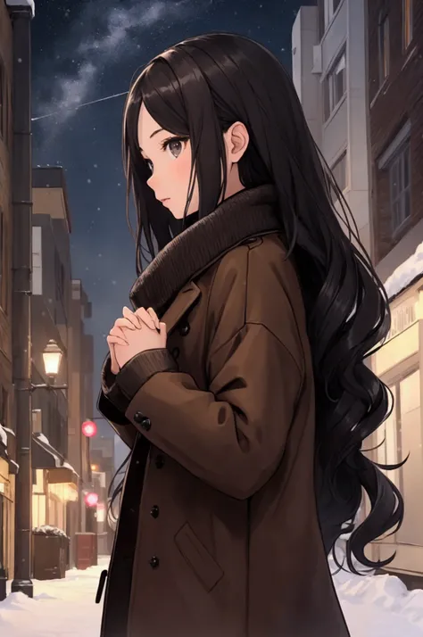 (masterpiece,  top quality ) Dark black long hair ,  dark black eyes ,  A girl wearing a light brown long coat over a white sweater is looking at the sky with her hands together. , snow, Bright city night street , shining eyes,  side view ,  Wavy Hair 