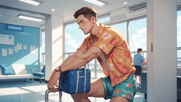 1 man, wearing a loose Hawaiian blouse and shorts, airport as a background