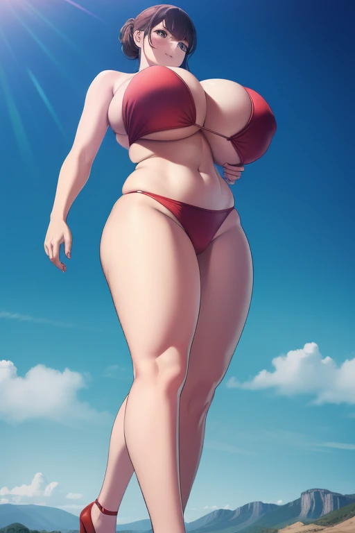 Giant Girl 50,000 feet high，Have a pair of long legs，Have a pair of huge breasts，Wearing a red bikini