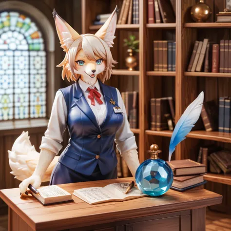 score_9, score_8_up, score_7_up, score_6_up, score_5_up, score_4_up, source_furry, hires, masterpiece(1girl, kemono, furry, anthro)guild receptionist, looking at viewer, wooden counter, quill pen, documents on counter, professional attire, business smile, ...