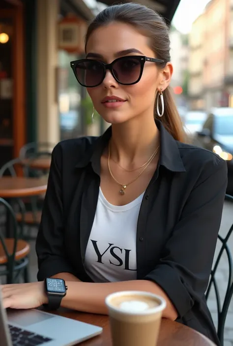 HDR quality, photo realism, ((so curvy body, big breast)), beautiful europe woman, ponytail hair style, lightbrown eyes, wearing sunglasses, natural beautiful, black blouse and white Ysl t-shirts, white earphones, i-watch, sitting in a cafe with coffee and...