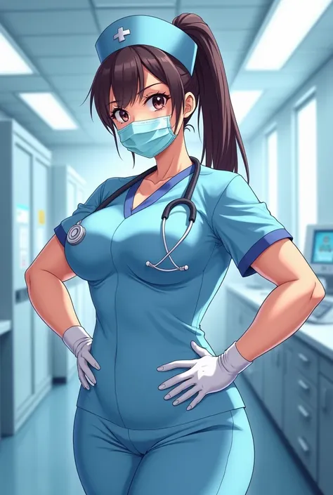 Bishoujo anime nurse wearing scrubs latex gloves a bouffant cap and a surgical mask very muscular has large boobs and toned thighs
