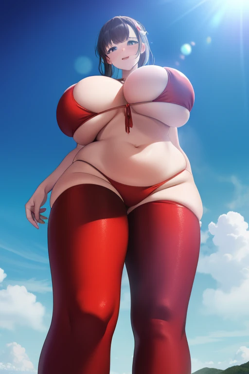 Giant Girl 50,000 feet high，Have a pair of long legs，Have a pair of huge breasts，Wearing a red bikini