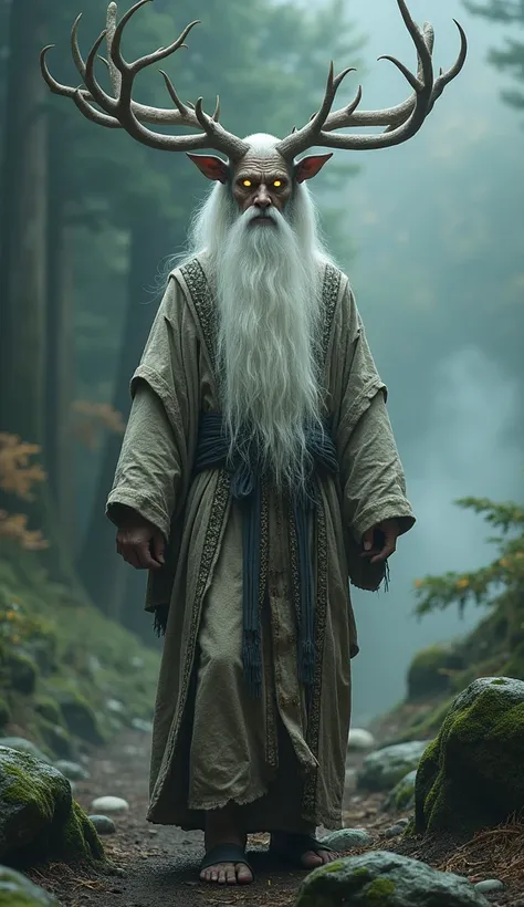 A hauntingly realistic depiction of オカヤマノヌシ, a mystical guardian deity resembling an ancient humanoid figure with long, flowing white hair and antlers like those of a deer. The figure is dressed in traditional, tattered robes with intricate patterns that s...