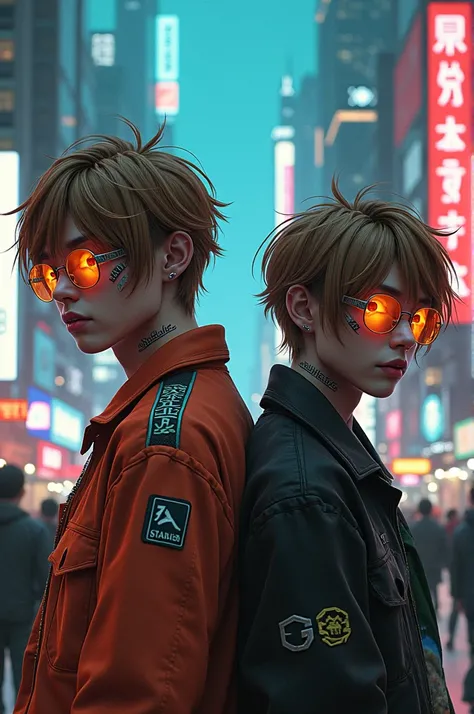 Brazilianpunk ,  cyberpunk,  anime style , Fantasy,  men with light brown hair medium half messy, óculos  cyberpunk,  body tech brands , roupa  cyberpunk