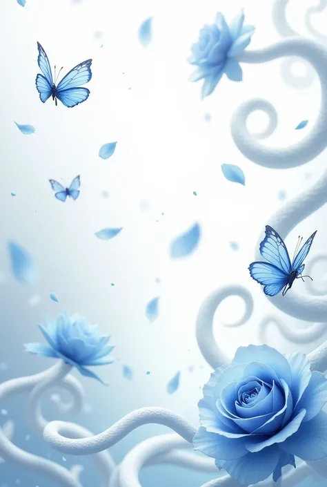  A white background with blue rose petals fluttering all over the image. With butterflies and white snakes.