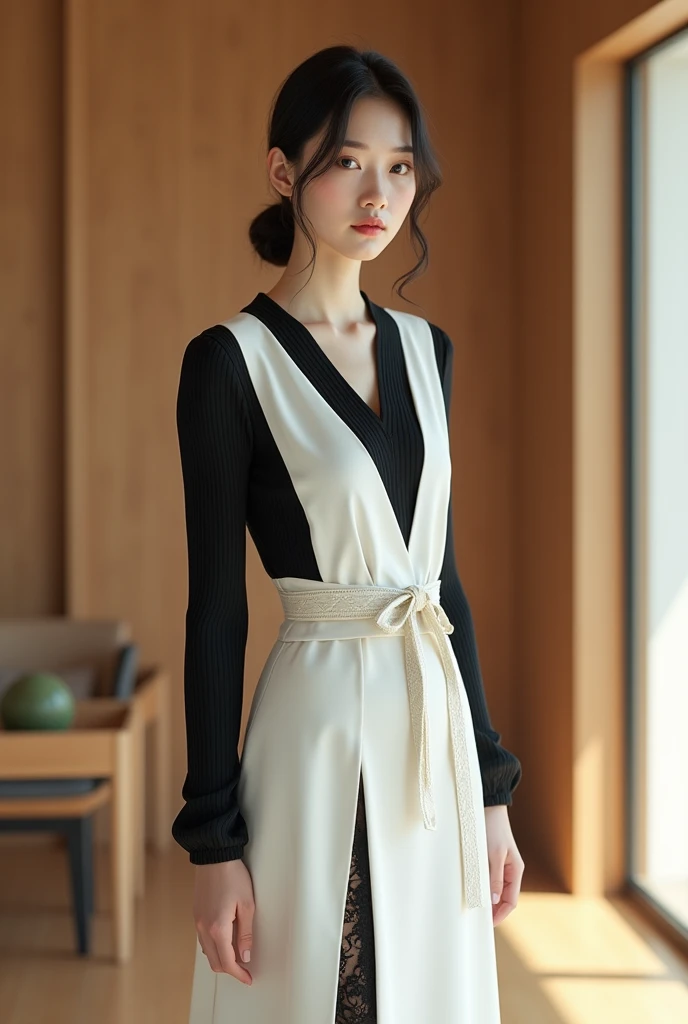 A hyper-realistic depiction of a slender Japanese woman wearing a white sleeveless dress with a V-neckline, layered over a black ribbed long-sleeve top. The dress features front slits and a geometric patterned belt tied at the waist, with black lace hem de...