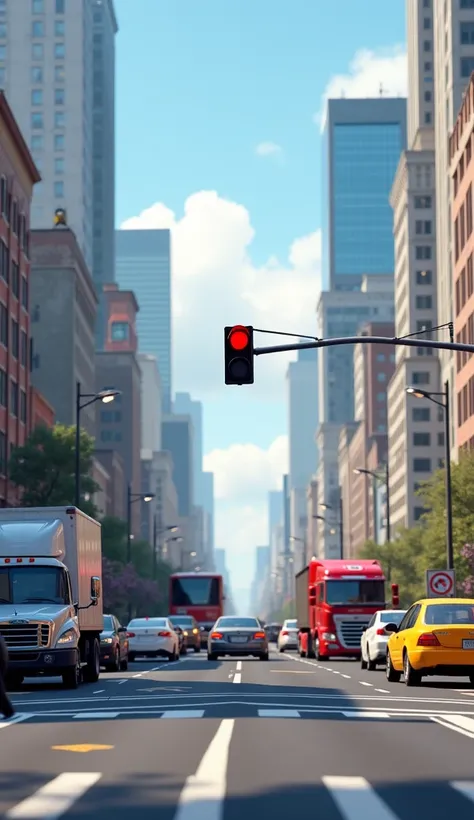 (photorealism: 1.2), make a picture at a road intersection  .  where there is a traffic light running red .  the background is on an urban street where there are quite a lot of vehicles .  make the image zoom in towards the traffic light so that it looks l...