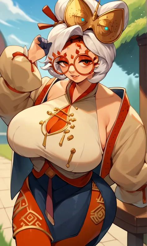 score_9, score_8_up, score_7_up, score_6_up, score_5_up, score_4_up, (source_anime), purah, 1girl, huge breasts, narrow waist, thick thighs, hair ornament, red headband, red glasses, sleeveless shirt, white coat, black skirt, red leggings, gloves, high hee...