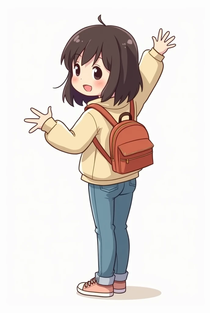 Draw a full body image ,chibi style,  Asian woman with slightly shoulder-length hair down ,Wear a cream-colored jacket, jeans, There is a backpack pocket in front of the body., Not wearing glasses ,  wearing sneakers ,  facing back,Arm raised in a Y shape 