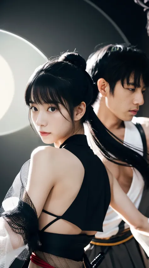 Japanese men and women wearing tulle Hanfu, A woman holding a sword against a man,  young sensual gravure idol、 black hair,  short ponytail, onyx colored eyes,  Texture Details ,  glowing skin that will turn your eyes off,  moon, Swivel Blade Sword,  Motio...