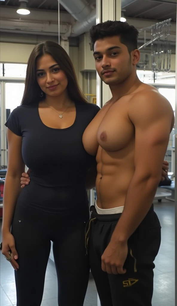 Very tall hot thick healthy physique sexy tall big brown skin sexy indian girl with long silky straight black hair, woman wearing long navel covering tight sports t-shirt and legging, in indian gym, ultra hd photo, 4k picture, short small dark black skin b...