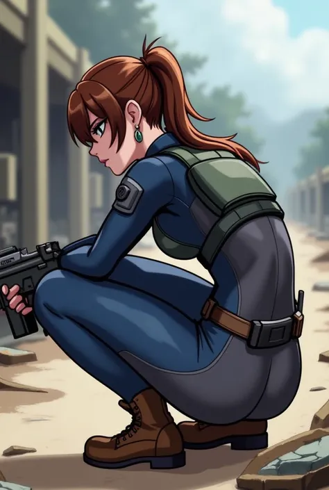 8K, super detailed, ultra resolution, young woman with her back looking at the camera, perfect ass, full body, legs and shoes, crouching, brown hair with ponytail, intercom in one ear, charcoal gray, body suit, military-style blue sleeves, protective shoul...