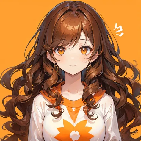 A woman with curly hair is alone in the center of the screen、woman with brown hair((brown highlights hair,orange innner hair)), smiling,Droopy eyes