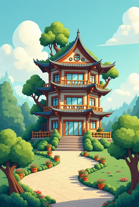 A combination of park stands ， and greenery，Cartoon，The structure is rich in layers，45 degree overlooking，Simple structure，Fashion， has a strong sense of design，Color Commerce ， no background，Three-body building 
