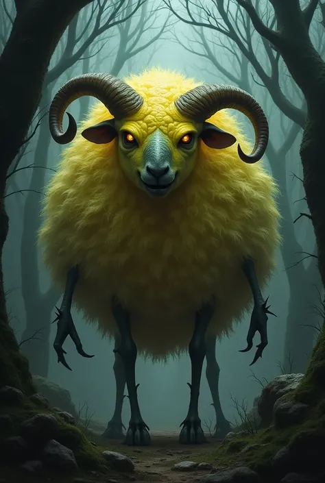 
Prompt for the Second Image:
"A monstrous hybrid creature combining features of a lemon and a sheep, standing menacingly in the middle of a dark forest. The entity has the round shape and textured skin of a lemon, but its surface is marred with jagged cra...