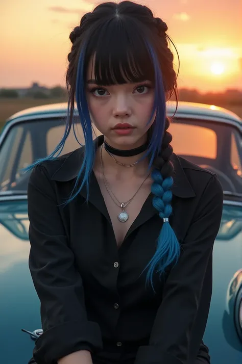 8k quality, masterpiece, best quality, detailed background, Intricate details, Chromatic Aberration, woman, looking at viewer, black and bright blue hair, sitting on the hood of a car, black collared shirt, braid in hair, sunset, bangs