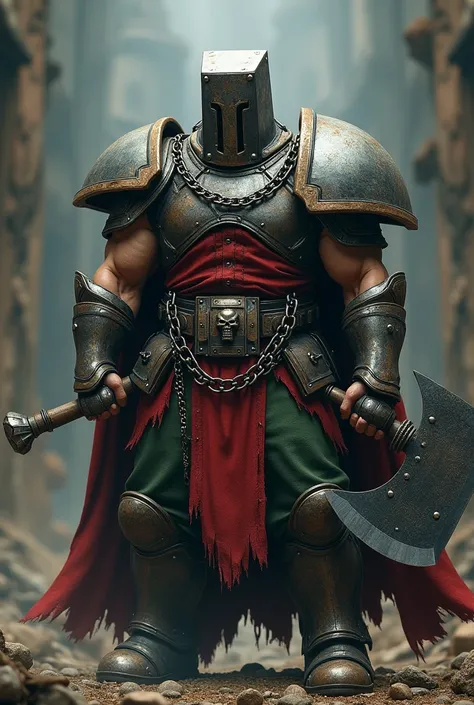   strong man  / helmet hiding the neck together with the shoulder pads even on the all-iron chest/  with chains running from the shoulder going up to the chest /  sleeveless red bass suit /  strong arms with round iron bracelets /  belt with a square buckl...