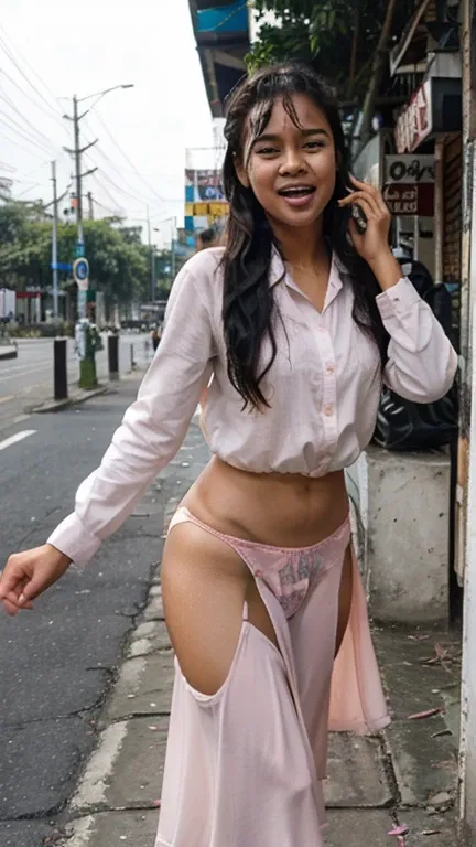  A slim Indonesian teenage girl on embarased momen for her, very pretty face ,  about nineteen years old , wearing a sheer office long sleeve all unbuttoned  shirt and pink panties look see-through, wearing  folded up long  skirt, get crazy caused by over ...