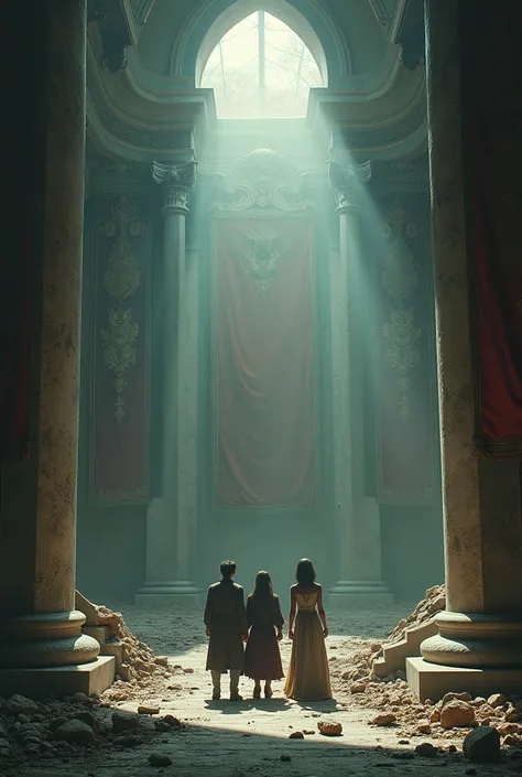 Wide shot: The group entering a grand but ruined courtroom filled with broken thrones and faded banners.
Character Details:

Trio: Standing in awe and unease, staring at the decayed grandeur of the courtroom.







