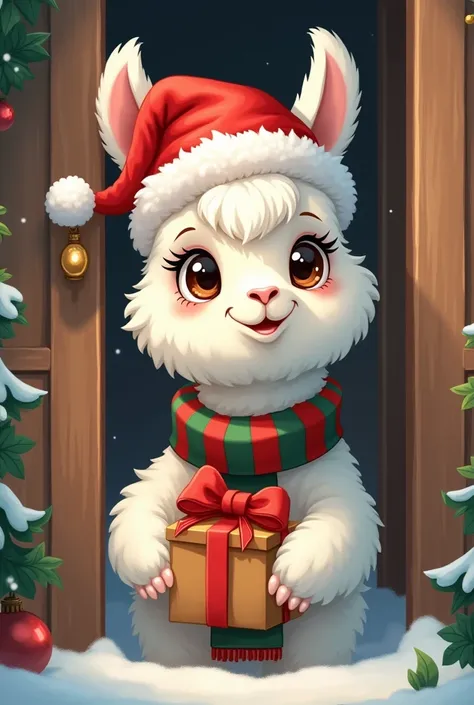 White alpaca with Christmas cap and Christmas scarf cartoon version partially peeking out a door carrying a gift