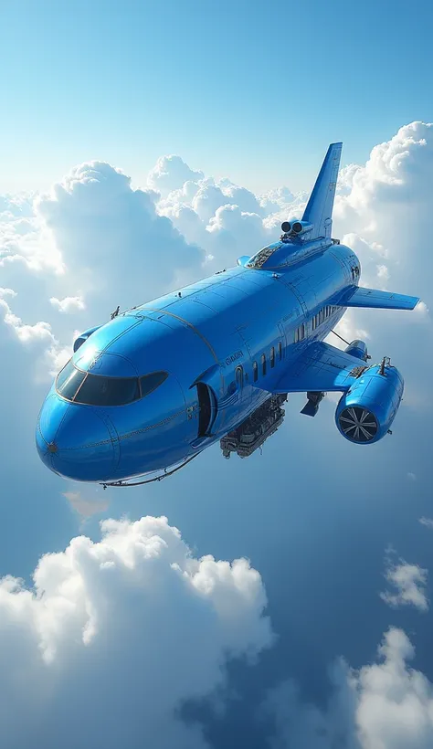 Blue ship flying through the sky,  realistic style