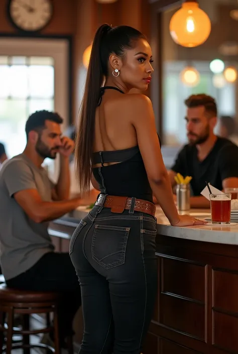 serayah, she is working in a restaurant, she wears black corset with tight black denim pants, brown crocodile belt, her shoes are white boots, she is serving 3 male customers, she is looking at them, From side, Ponytail, Makeup, thick thighs, full body pho...